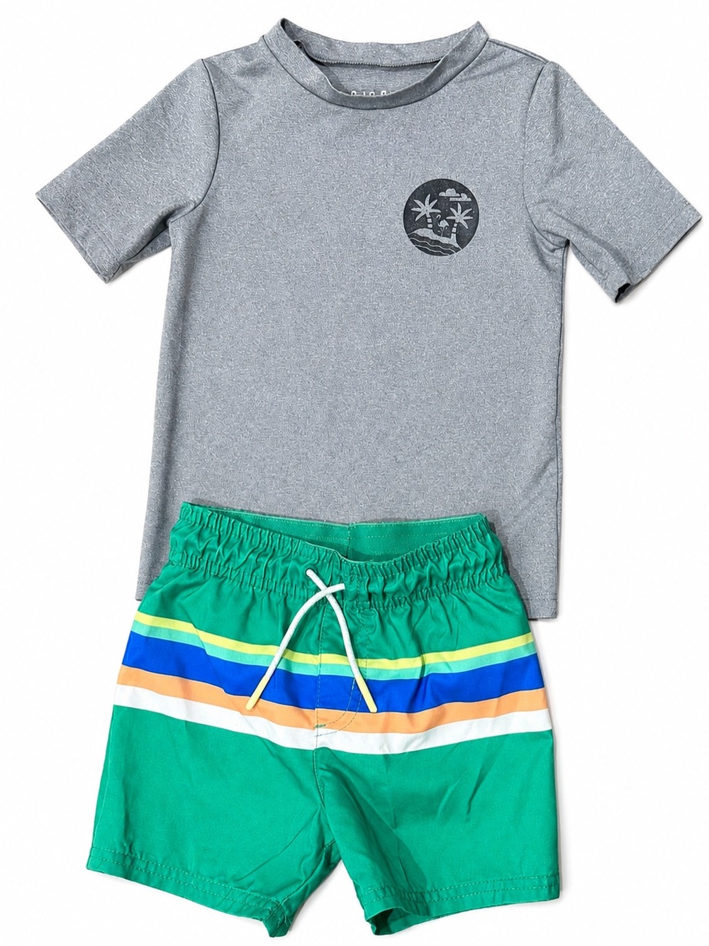 Cat & Jack 2T Rash Guard Swim Set | Gray Shirt & Green Stripe Trunks